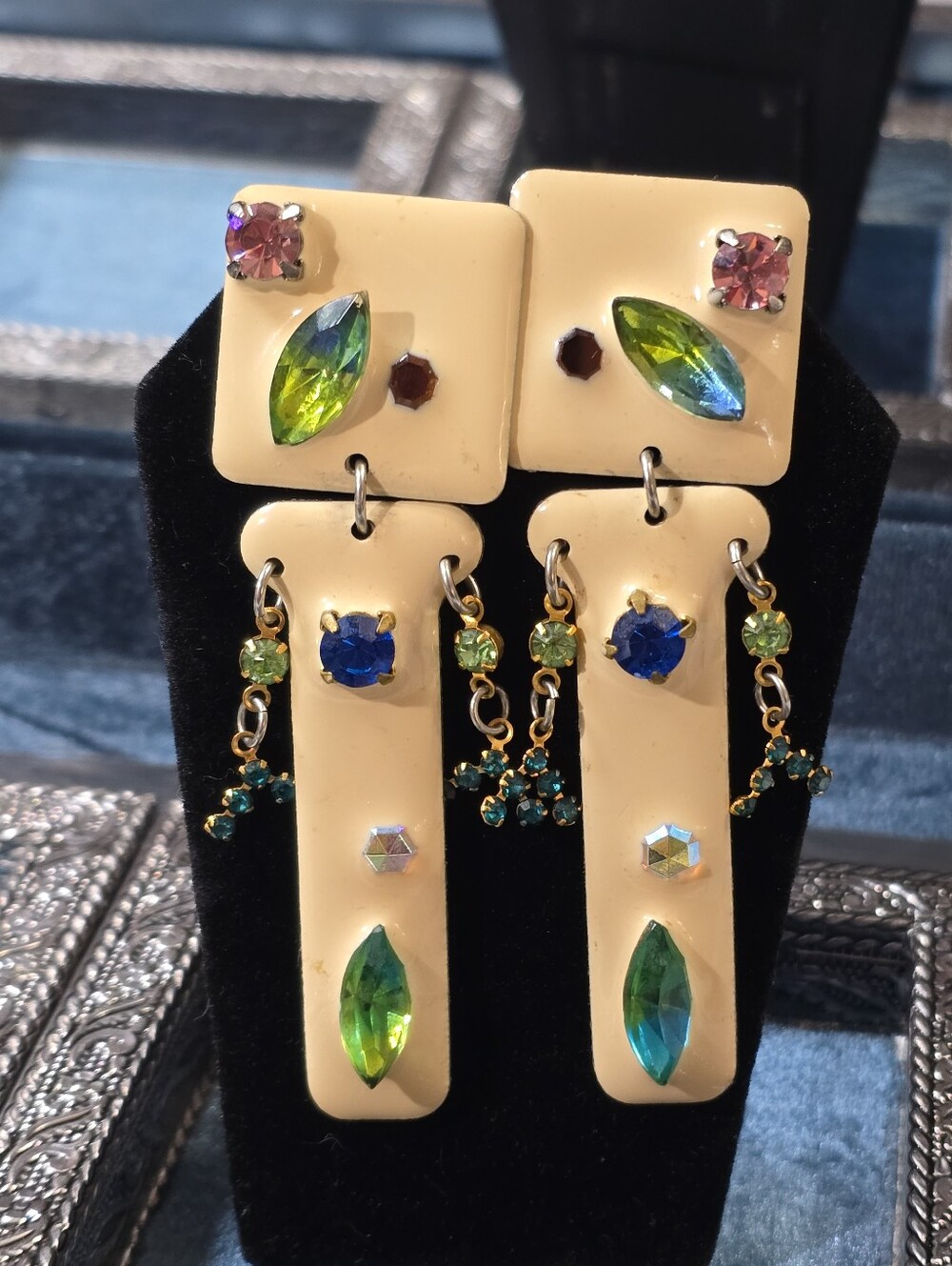 Vintage 80s Cream Two Tiered Drop Earrings with Blue & Green Rhinestone Acccents